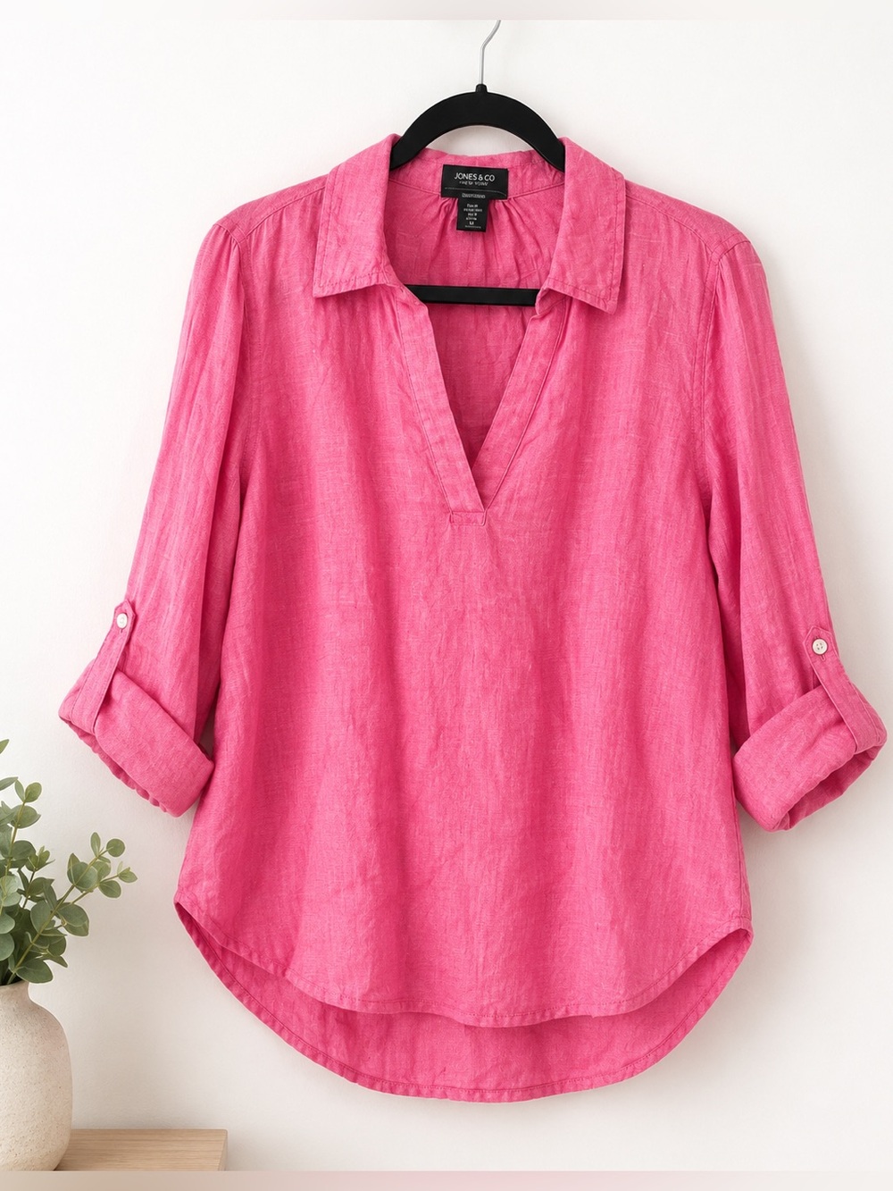 Jones & Co 100% Linen Pink Popover Blouse Roll Tab Sleeve Top Medium